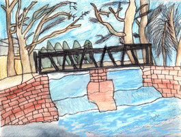 Child's drawing of the footbridge over the weir