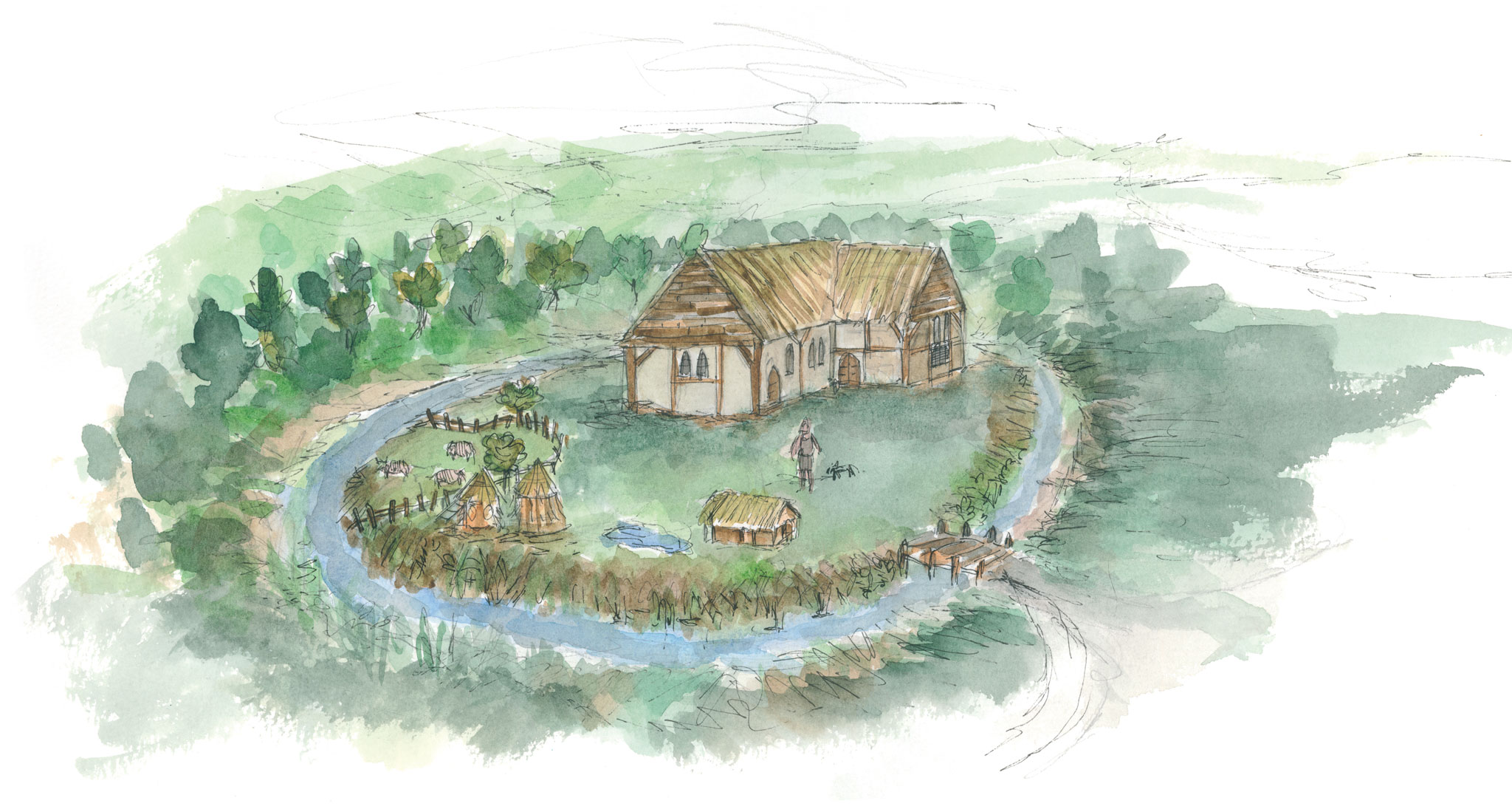 Painting of how the medieval moated site might have looked
