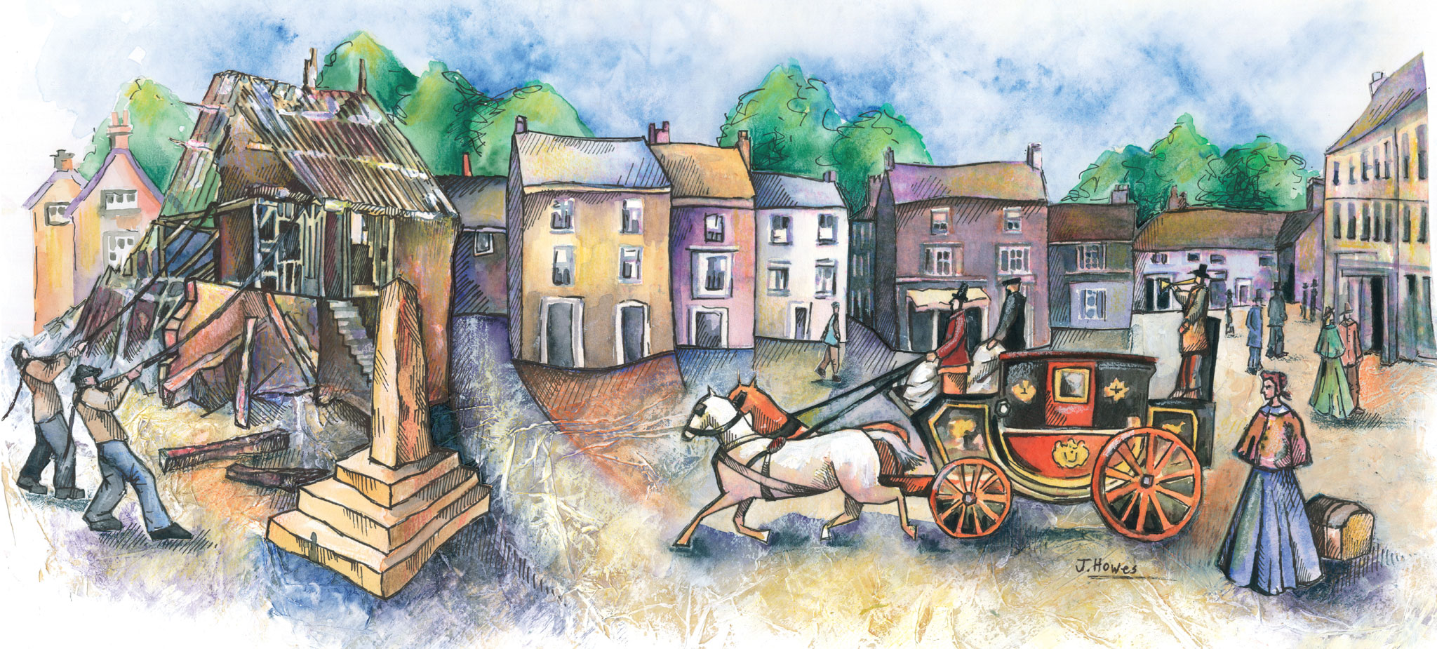 Drawing of the Market Place with stagecoach
